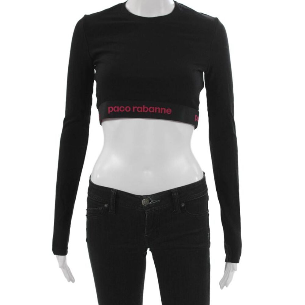 Paco Rabanne Women Cropped T-Shirt Black Viscose Crew Neck Long Sleeve Size 38